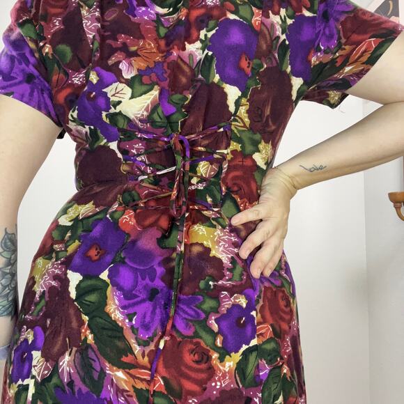 Vintage 90s No Boundaries Dark Floral Button Front Midi Dress Tie Back Dress - Picture 5 of 10